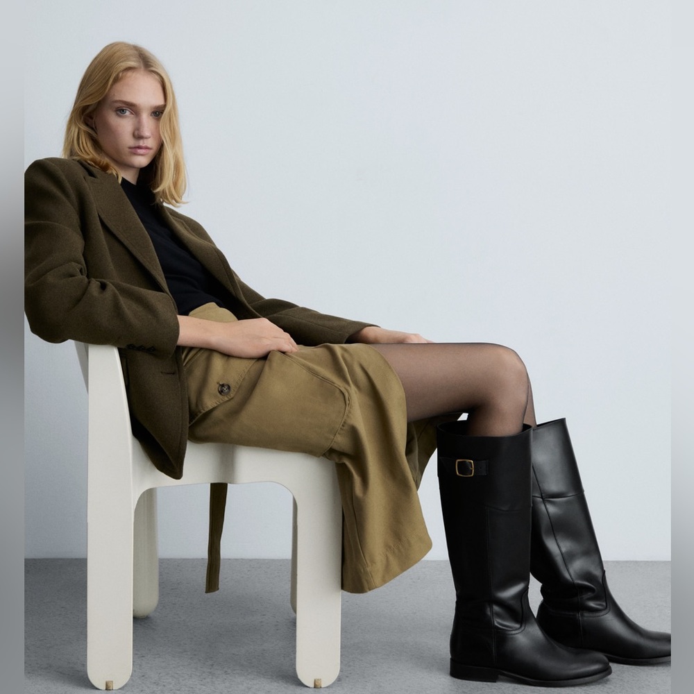 Mango Black Leather Knee High Riding Boots Buckle EU 36 US 6 NWT